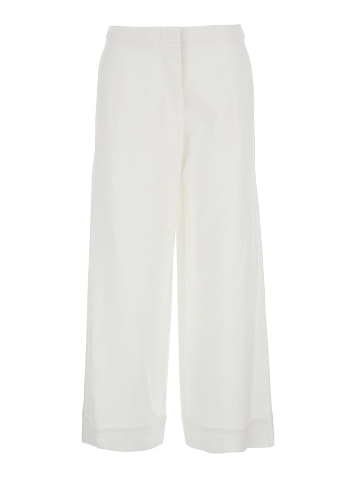 White Pants With Hidden Front Closure And Turn-Up Edges Fabric Woman Trousers
