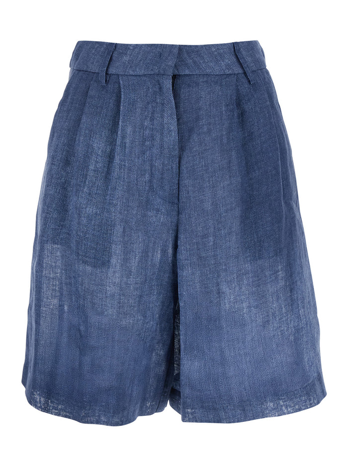 Blue Shorts With Belt Loops And Lightweight Design Linen Woman Blu Bermuda