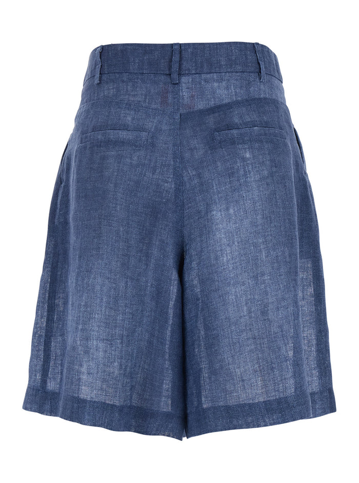 Blue Shorts With Belt Loops And Lightweight Design Linen Woman Blu Bermuda