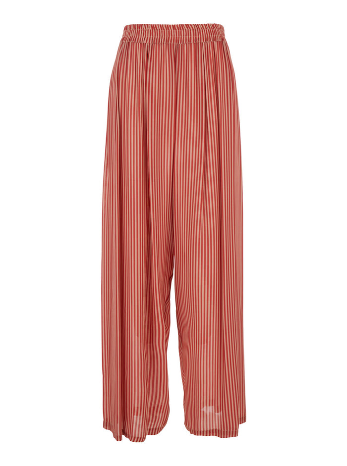 Red Pants With All-Over Striped Motif And Elastic Waist Fabric Woman Trousers