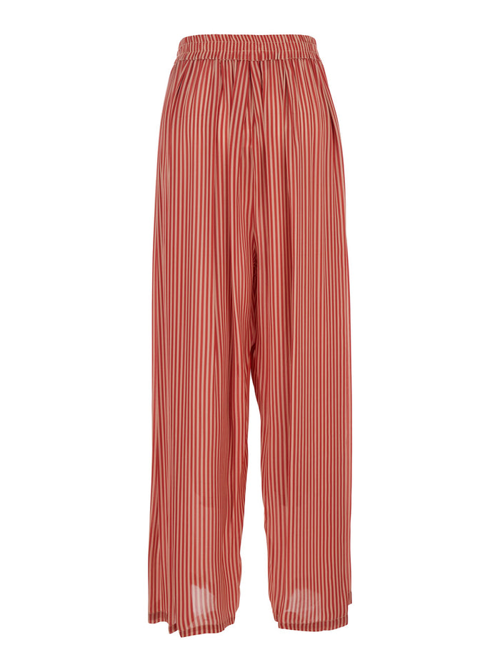 Red Pants With All-Over Striped Motif And Elastic Waist Fabric Woman Trousers