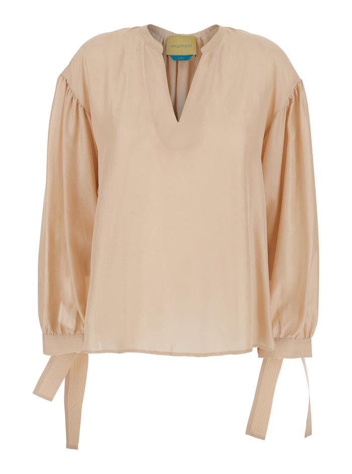 Musa Beige Blouse With V-Neck And Cuffs Tie-On Bows Silk Woman Shirts Blouses