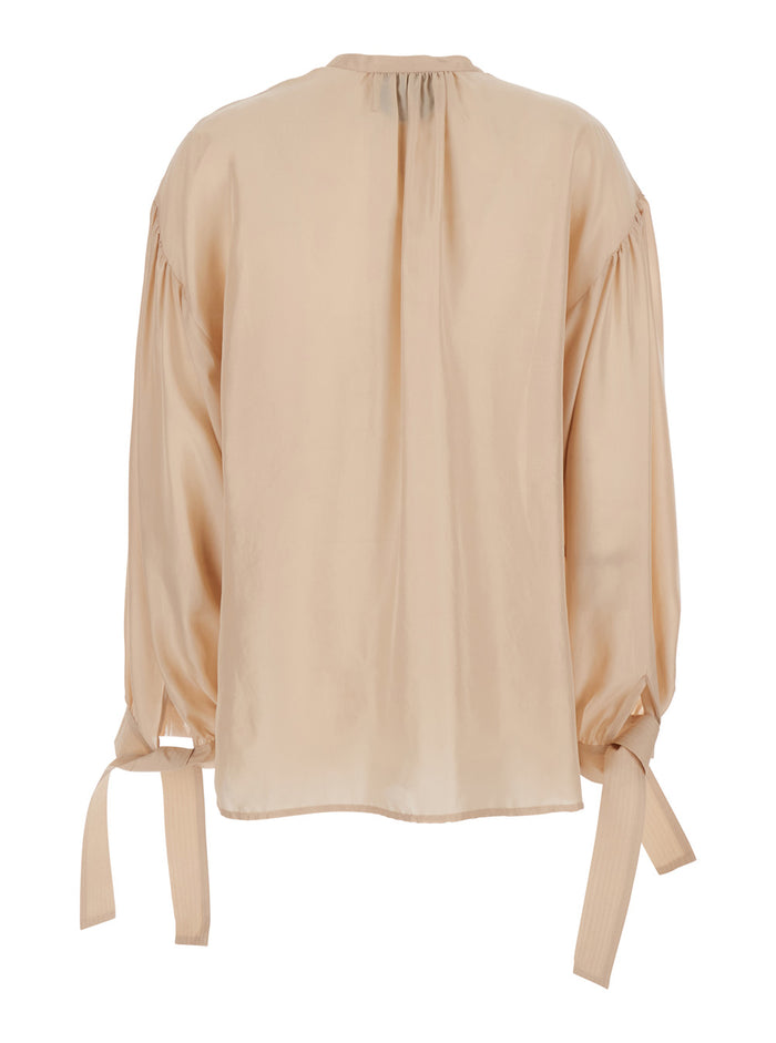 Musa Beige Blouse With V-Neck And Cuffs Tie-On Bows Silk Woman Shirts Blouses