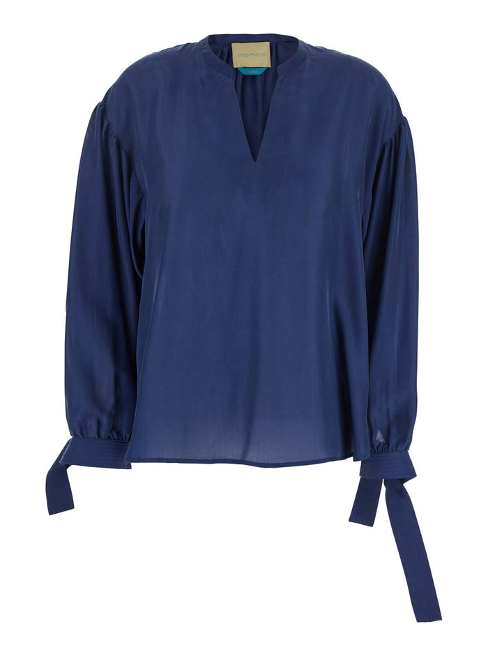 Musa Blue Blouse With V Neck And Cuffs Bow Silk Woman Blu Shirts Blouses
