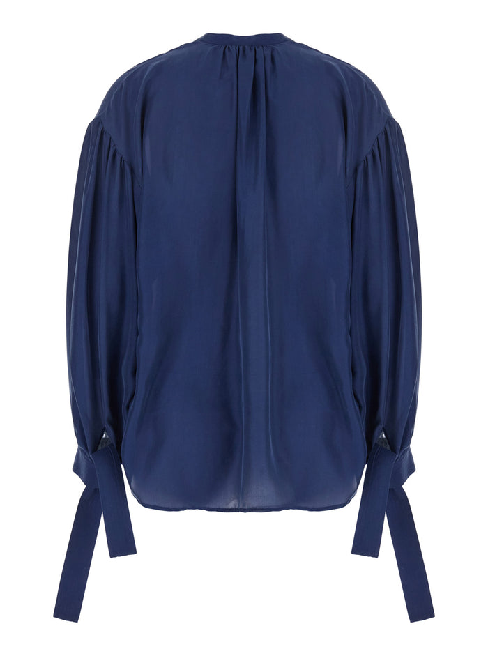 Musa Blue Blouse With V Neck And Cuffs Bow Silk Woman Blu Shirts Blouses