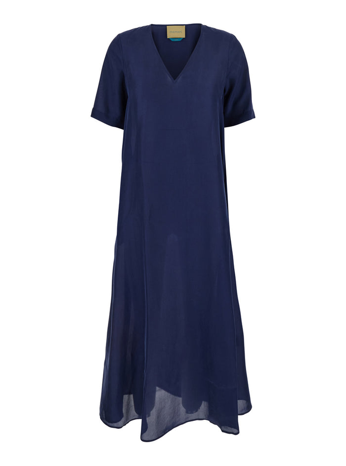 Blue Dress With V Neck And Short Sleeves Silk Woman Blu Long
