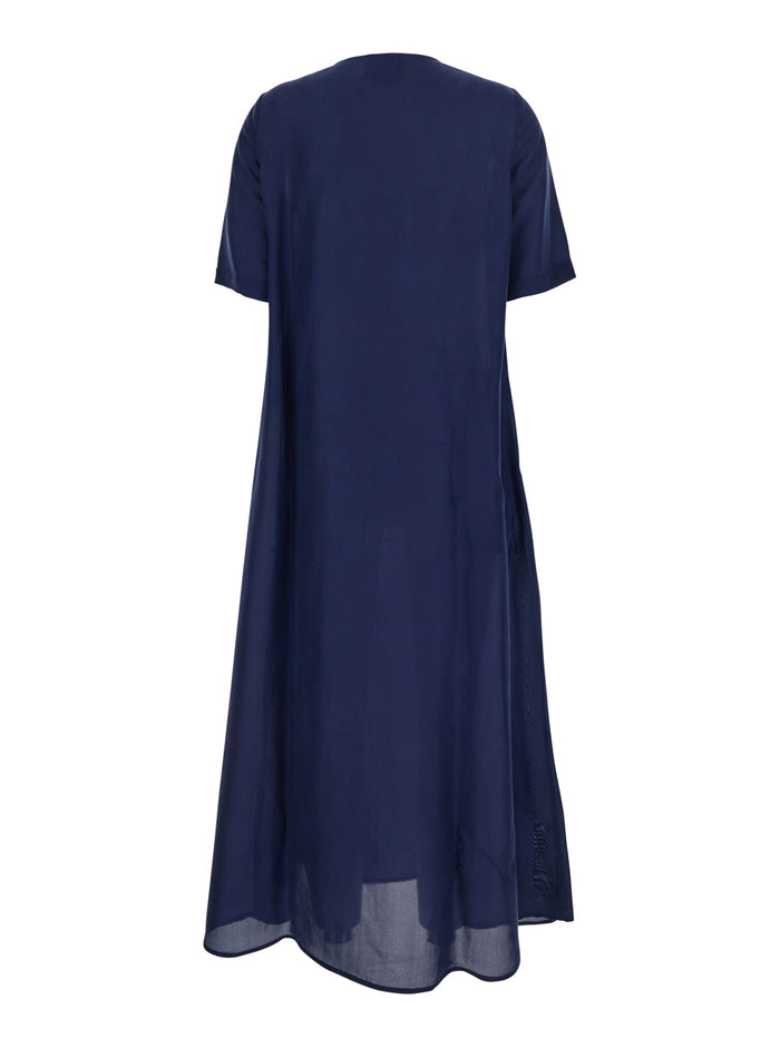 Blue Dress With V Neck And Short Sleeves Silk Woman Blu Long