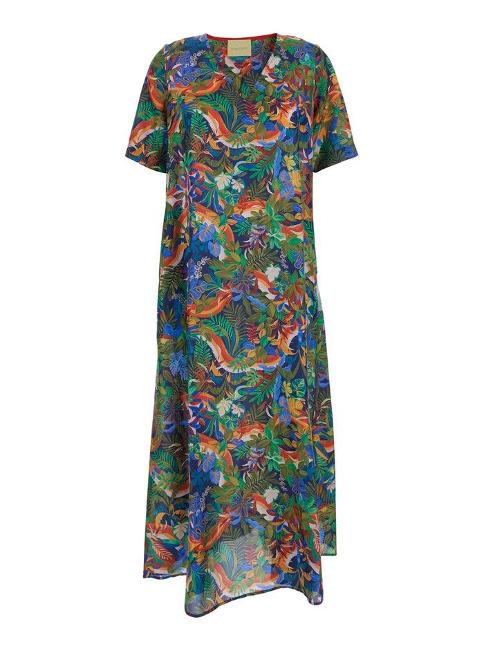 Carnival Multicolor Dress With V Neck And All-Over Print Silk Woman Long