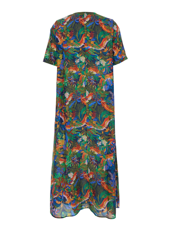 Carnival Multicolor Dress With V Neck And All-Over Print Silk Woman Long