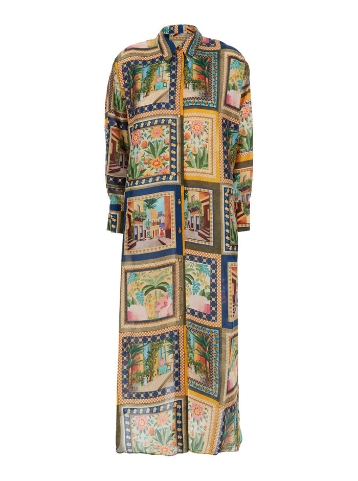 Jau Multicolor Long Dress With All-Over Print And Side Slits Silk Woman