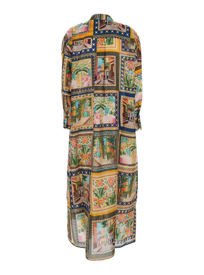 Jau Multicolor Long Dress With All-Over Print And Side Slits Silk Woman