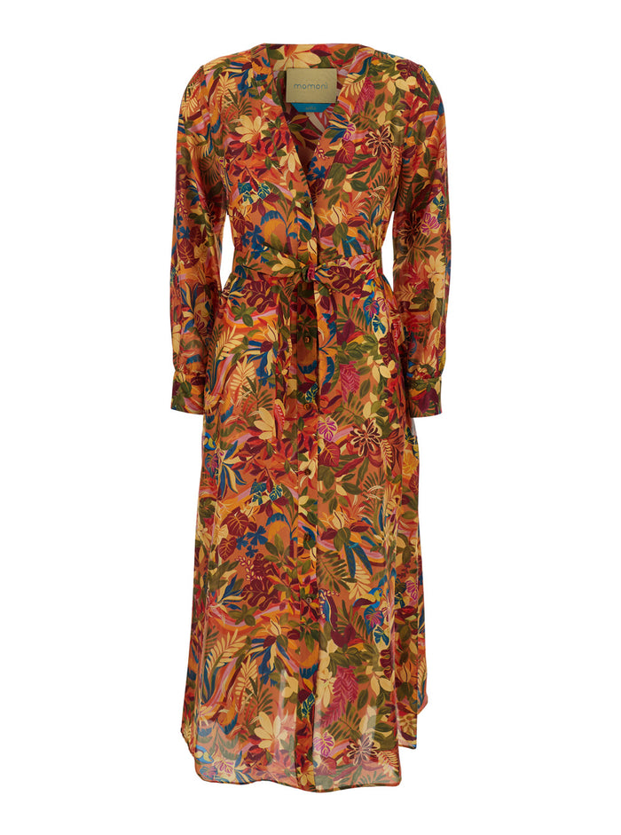 California Multicolor Belted Dress With All-Over Floral Print Silk Woman Long