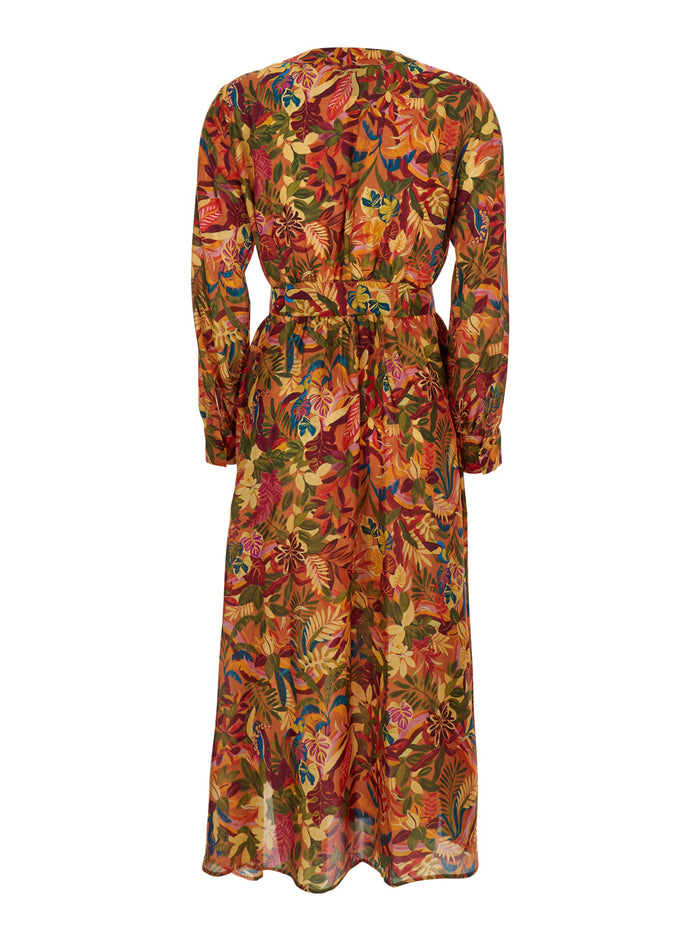 California Multicolor Belted Dress With All-Over Floral Print Silk Woman Long
