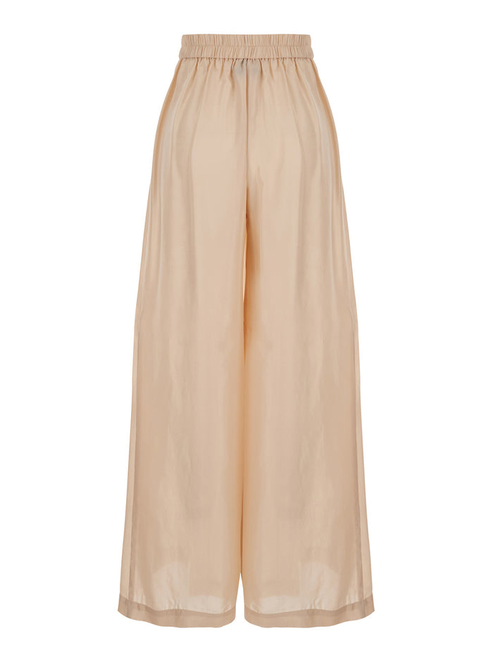 Boto Beige Palazzo Pants With Pences And Rear Elastic Waist Silk Woman Trousers