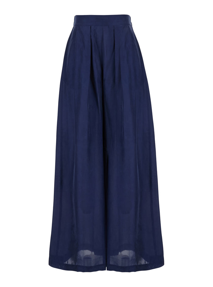Boto Blue Palazzo Pants With Pences And Rear Elastic Waist Silk Woman Blu Trousers