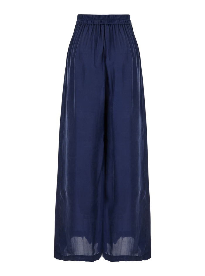 Boto Blue Palazzo Pants With Pences And Rear Elastic Waist Silk Woman Blu Trousers