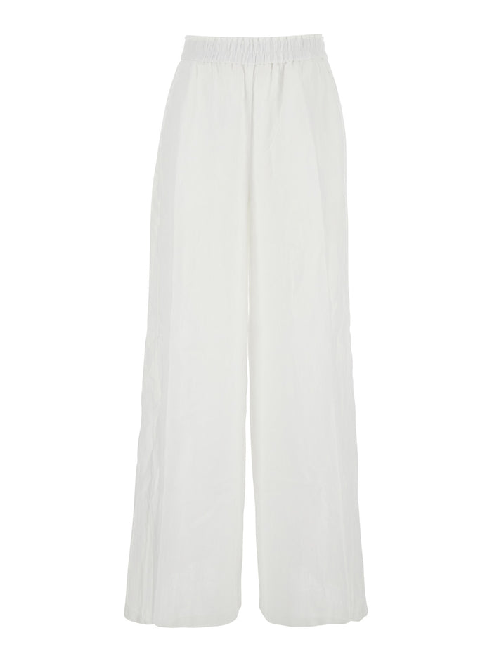 Lucas White Pants With Elastic Waist And Pences Linen Woman Trousers