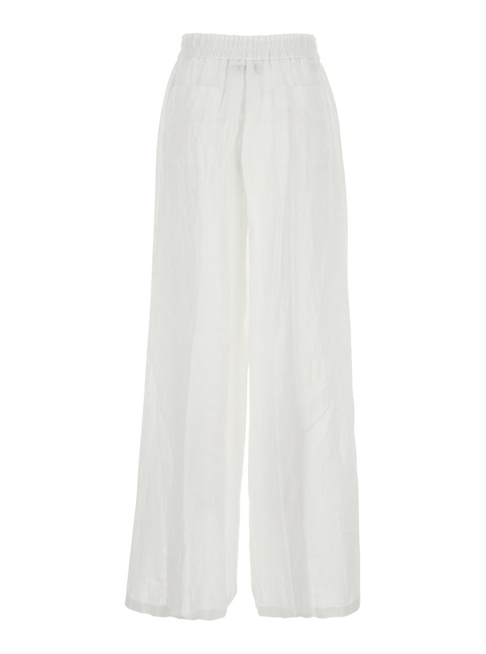 Lucas White Pants With Elastic Waist And Pences Linen Woman Trousers