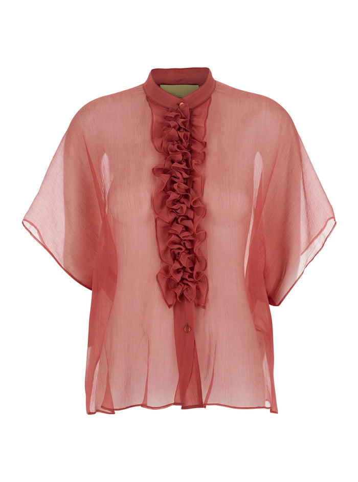 Red Shirt With Ruffles On The Front Silk Woman And Blouses