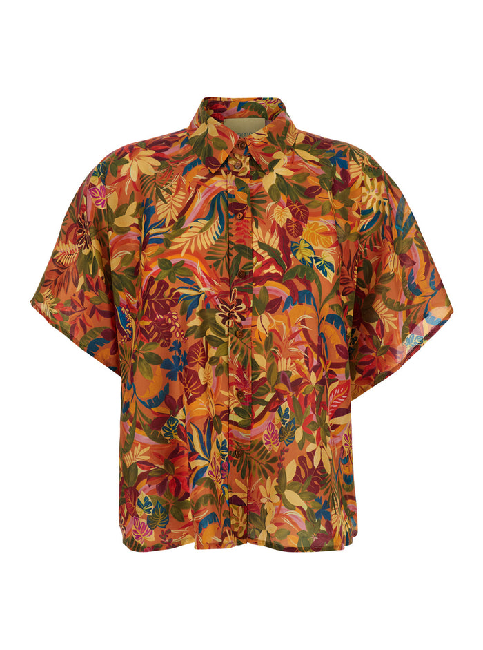 Multicolor Shirt With Classic Collar And All-Over Print Silk Woman Blouses