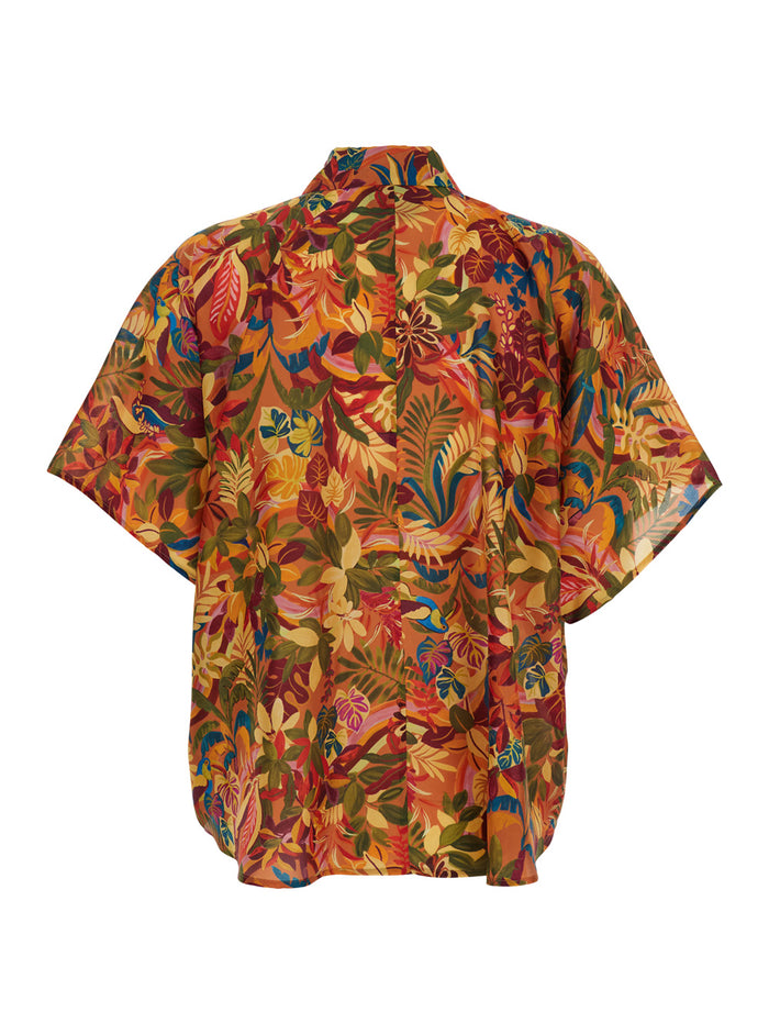 Multicolor Shirt With Classic Collar And All-Over Print Silk Woman Blouses
