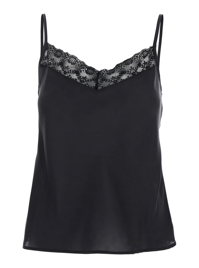 Paine Black Top With V Neck And Lace Embellishment On The Front Silk Woman Tops