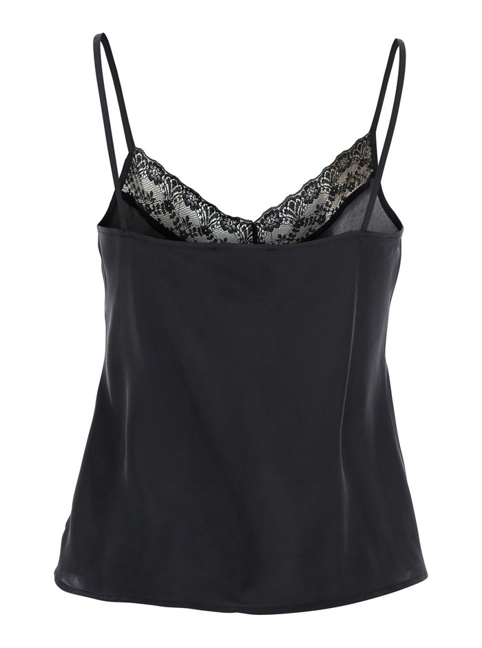 Paine Black Top With V Neck And Lace Embellishment On The Front Silk Woman Tops