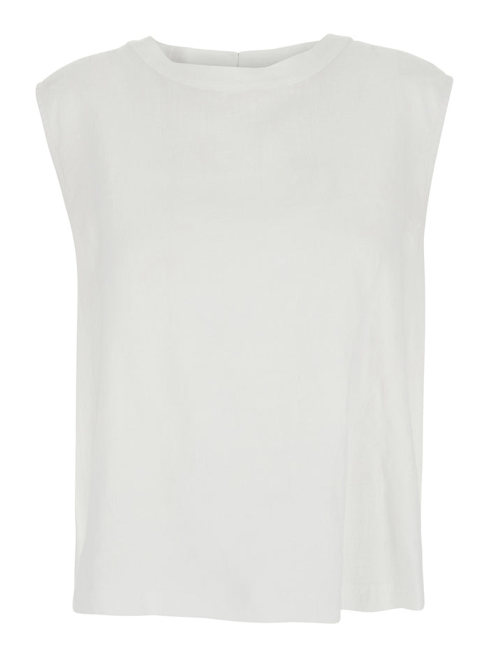 Sofia White T-Shirt With Round Neck And Teardrop Opening On The Back Linen Woman Tshirts Polo Shirts