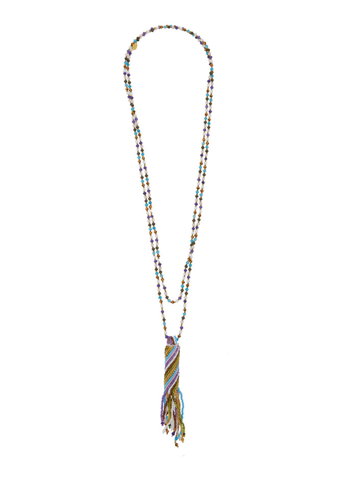 Uakari Multicolor Double Wrap Necklace With Beads And Central Pendant Mixed Glass Brass Woman Pietradura Cotton Necklaces