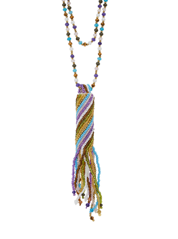 Uakari Multicolor Double Wrap Necklace With Beads And Central Pendant Mixed Glass Brass Woman Pietradura Cotton Necklaces