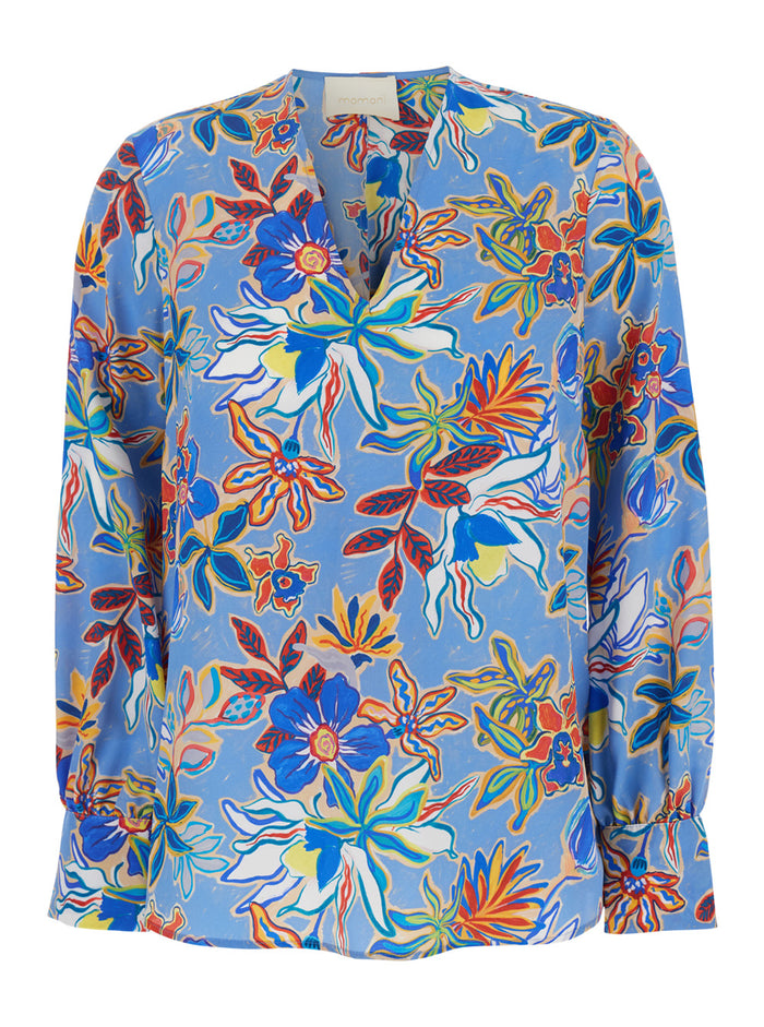 Light Blue Blouse With All-Over Floral Motif Silk Woman Shirts And Blouses