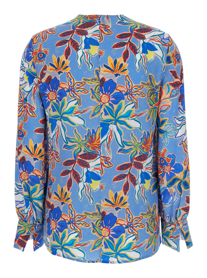 Light Blue Blouse With All-Over Floral Motif Silk Woman Shirts And Blouses