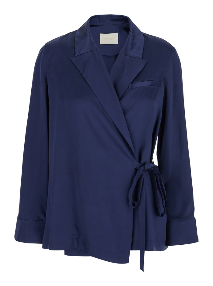 Praia Dark Blue Jacket With Peak Lapels And Waist Belt Silk Woman Blu Blazers