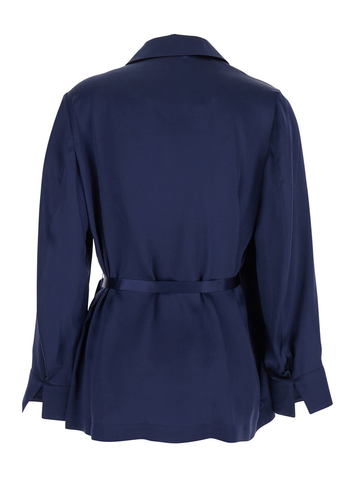 Praia Dark Blue Jacket With Peak Lapels And Waist Belt Silk Woman Blu Blazers