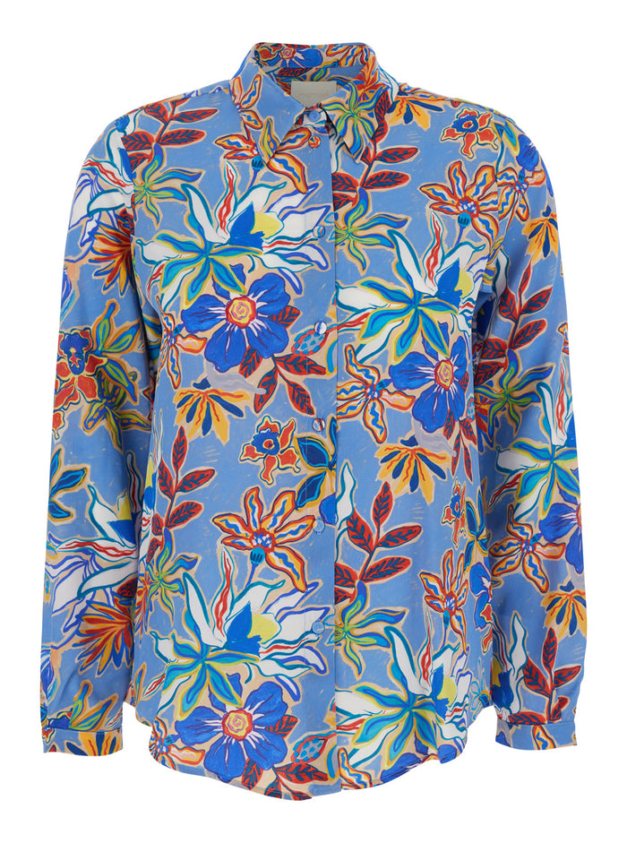 Meudon Light Blue Shirt With All-Over Floral Print Silk Woman And Blouses
