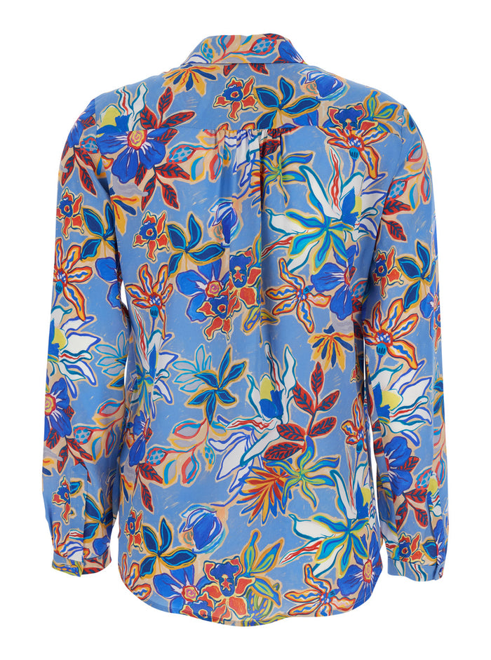 Meudon Light Blue Shirt With All-Over Floral Print Silk Woman And Blouses