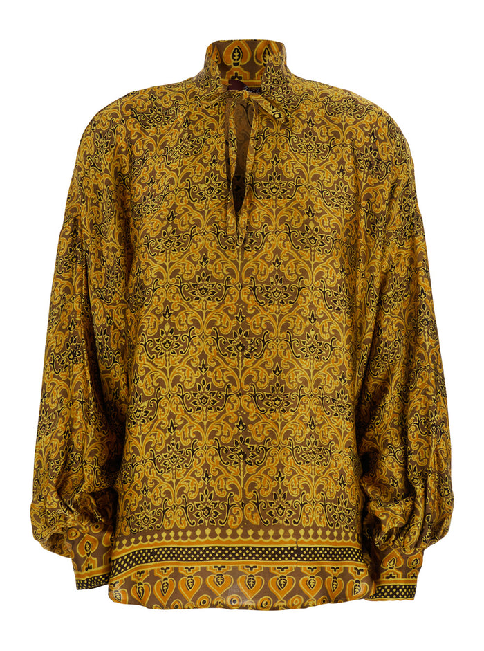 Marion Yellow Shirt With Front Knot Closure And All-Over Geometric Motif Silk Woman Blouses