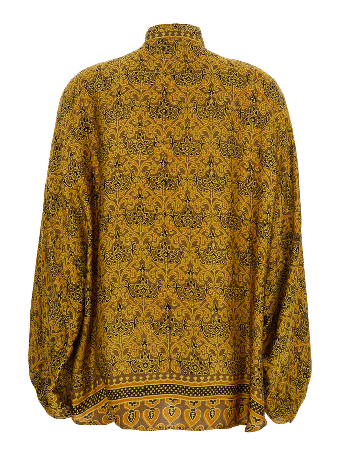 Marion Yellow Shirt With Front Knot Closure And All-Over Geometric Motif Silk Woman Blouses