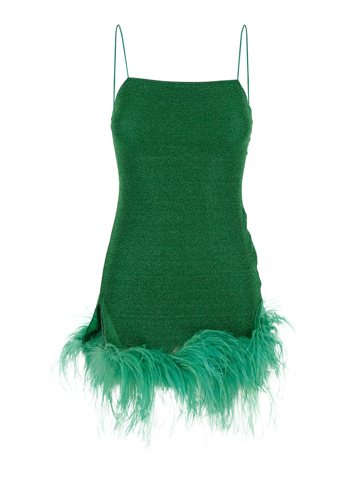 Lumiere Plumage Green Sleeveless Slip Dress With Tonal Feathered Hem Tech Fabric Stretch Woman