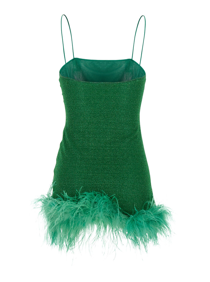 Lumiere Plumage Green Sleeveless Slip Dress With Tonal Feathered Hem Tech Fabric Stretch Woman