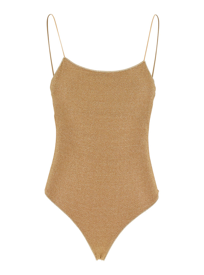 Lumière Maillot Gold Colored One-Piece Swimsuit With Deep Neckline On The Back Lurex Woman Metallic Polyamide Beachwear