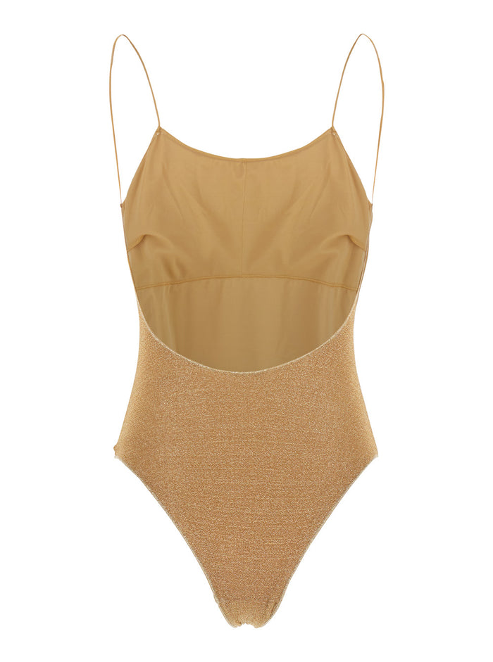 Lumière Maillot Gold Colored One-Piece Swimsuit With Deep Neckline On The Back Lurex Woman Metallic Polyamide Beachwear
