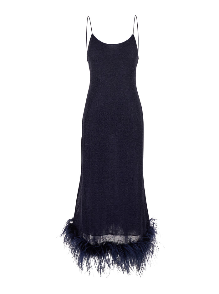 Lumiere Plumage Blue Sleeveless Slip Dress With Tonal Feathered Hem Tech Fabric Stretch Woman Blu