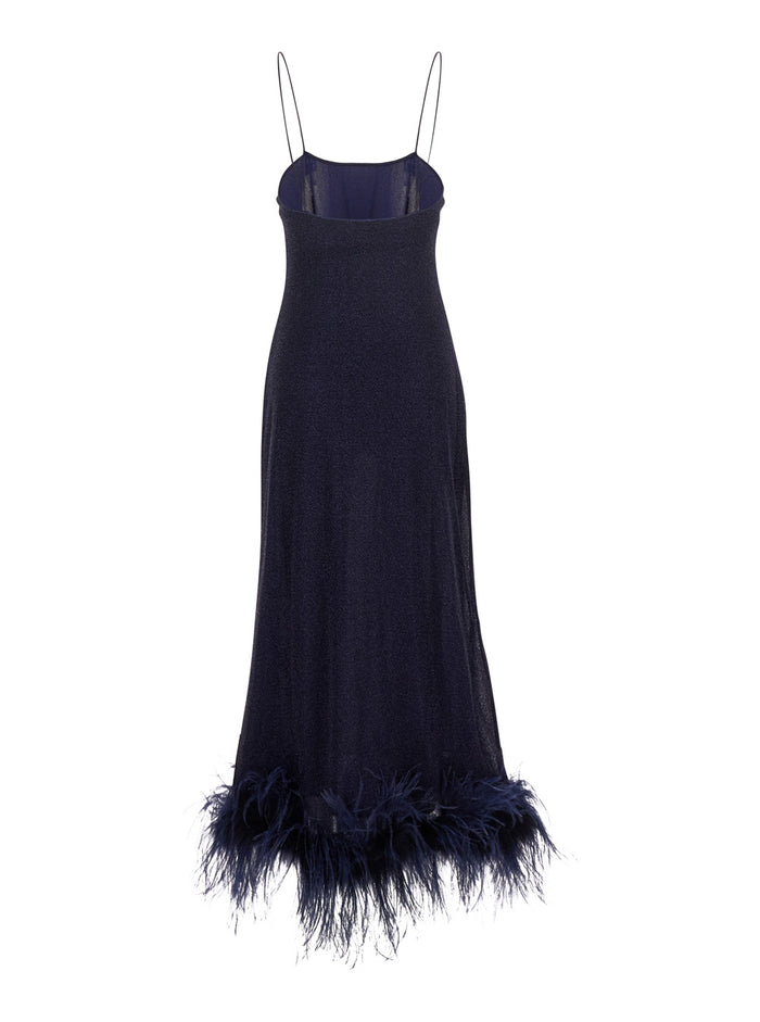 Lumiere Plumage Blue Sleeveless Slip Dress With Tonal Feathered Hem Tech Fabric Stretch Woman Blu