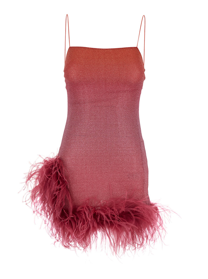 Lumiere Plumage Pink Sleeveless Mini Dress With Tonal Feathered Hem Tech Fabric Stretch Woman