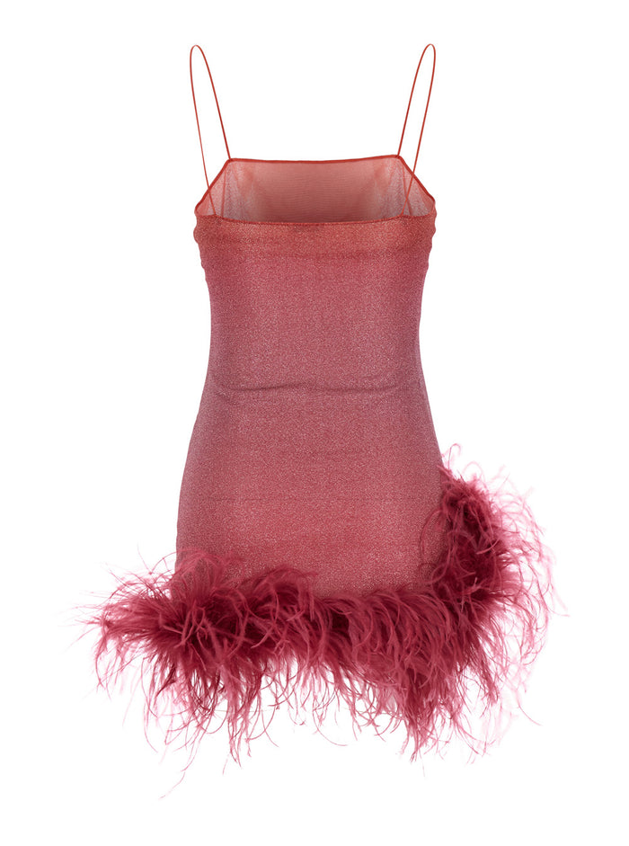 Lumiere Plumage Pink Sleeveless Mini Dress With Tonal Feathered Hem Tech Fabric Stretch Woman