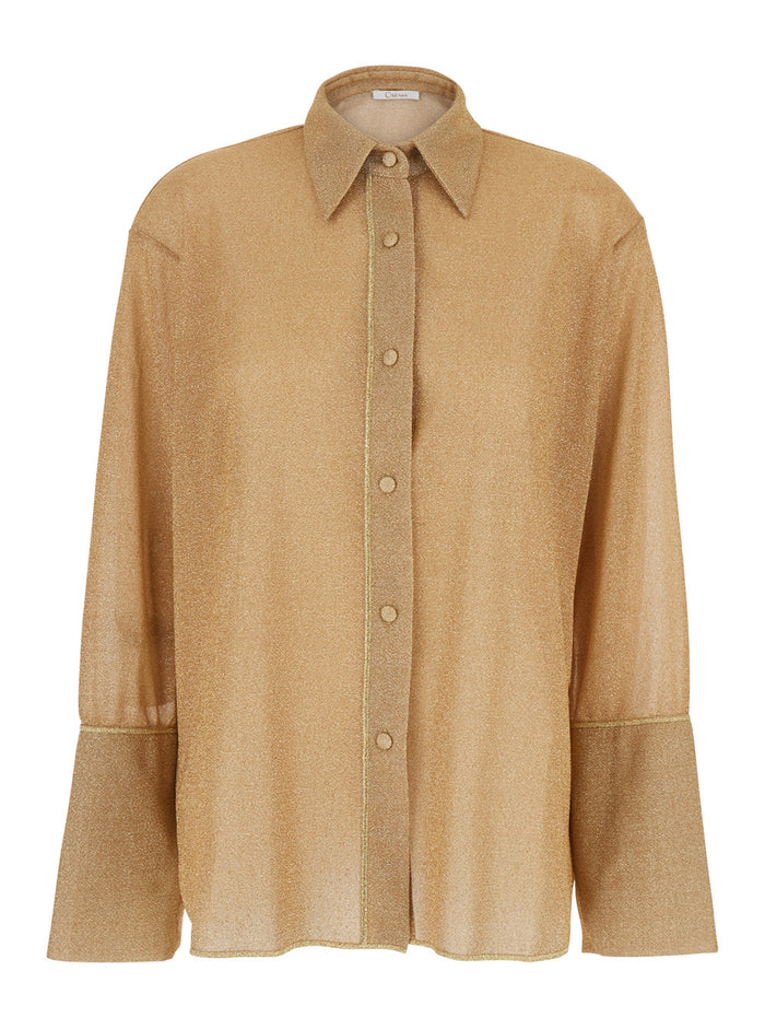 Lumiere Gold Colored Shirt With Classic Collar And Bell Sleeves Tech Fabric Woman Metallic Blouses