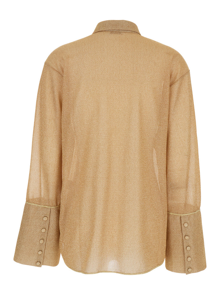 Lumiere Gold Colored Shirt With Classic Collar And Bell Sleeves Tech Fabric Woman Metallic Blouses