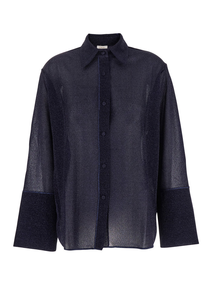 Lumiere Blue Shirt With Classic Collar And Bell Sleeves Tech Fabric Woman Blu Blouses