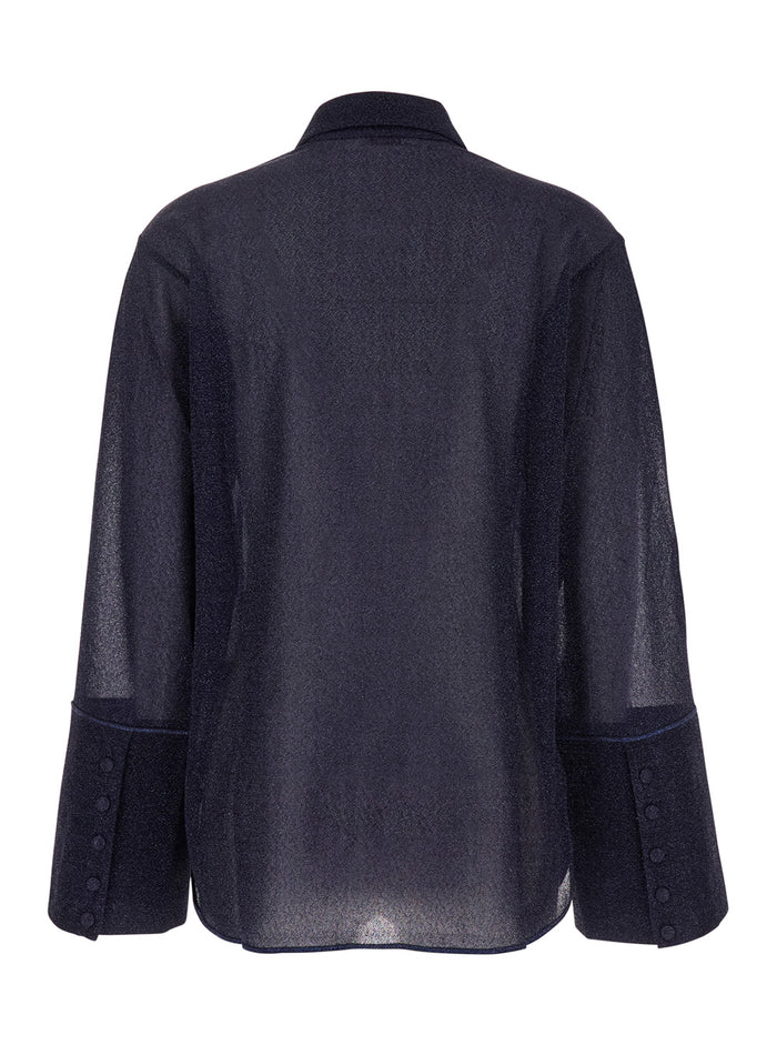 Lumiere Blue Shirt With Classic Collar And Bell Sleeves Tech Fabric Woman Blu Blouses